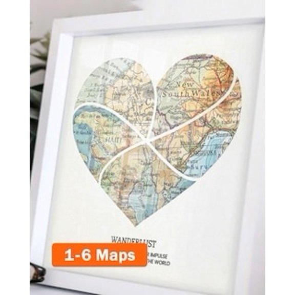 Brivelle Heart Shaped Vintage Map Poster, 12 x 8 in