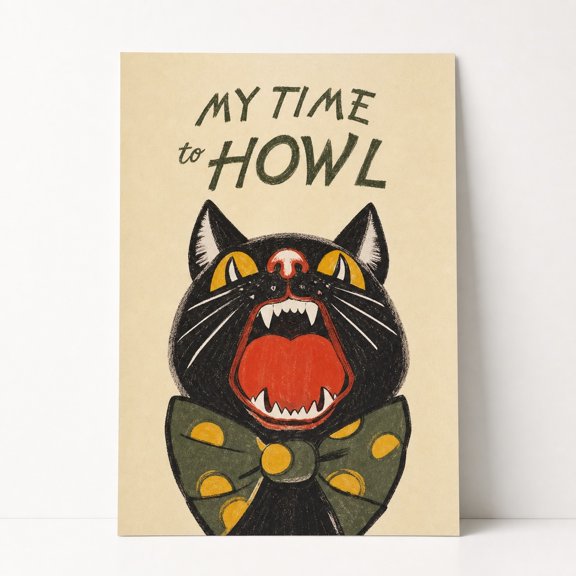 Brivelle My Time to Howl wolf quote Cream, black, gray, red and yellow artwork Poster Retro illustrated Home and office decor Wall, 12 x 8 in