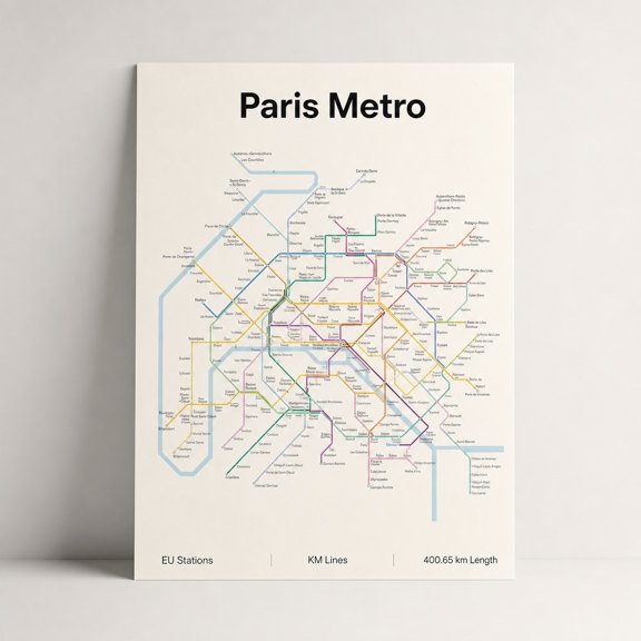 Brivelle Paris Metro map transit diagram Pastel multicolor Poster Minimalist diagrammatic Home and office decor Living room, or entryway, 12 x 8 in