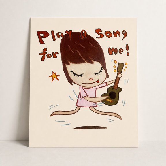 Brivelle Play a Song for Me guitar character Cream, burgundy and pink artwork Poster Whimsical illustrated Music-themed decor Home or office, 12 x 8 in