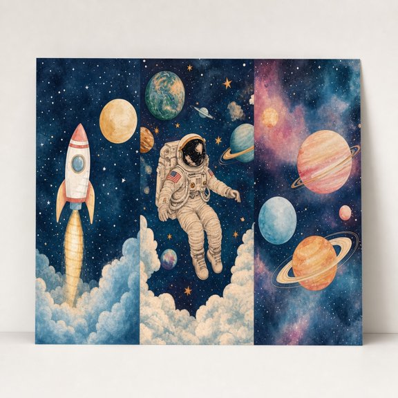 Brivelle Retro Space Adventure Astronaut Rocket and Planets Blue Multicolor Poster Vintage Astronomy Decor Home or Office, 12 x 8 in