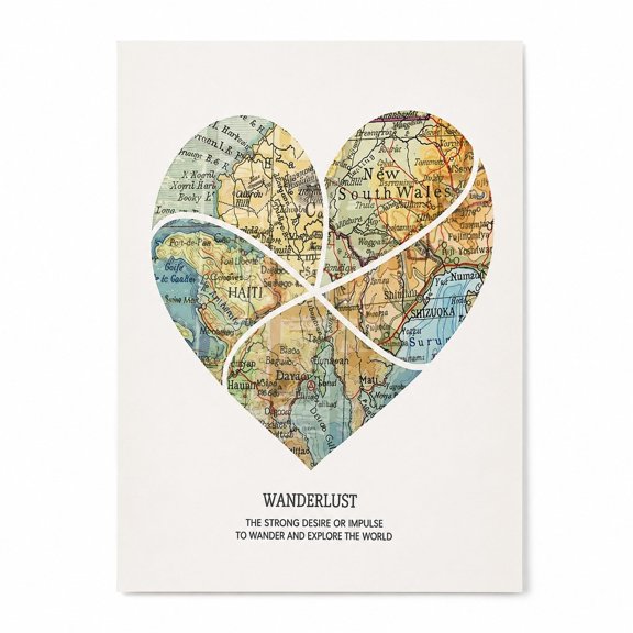 Brivelle Vintage Heart Map Poster, 12 x 8 in