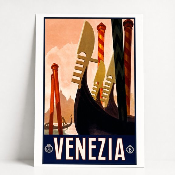 Brivelle Vintage Venezia gondola travel Orange, cream, navy, black and brown Poster Retro Italian Home or office decor Wall, 12 x 8 in