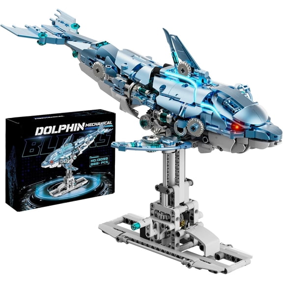BrixVibe Blue Mechanical Dolphin Building Blocks Set Compatible with Lego Animals with Display Stand and LED for Adults Boys 888pcs