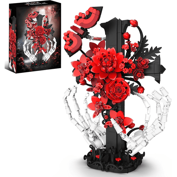 BrixVibe Cross Rose Skeleton Hand Building Set Compatible with Lego Flower Gothic Collectible Model for Adults Teens 901pcs