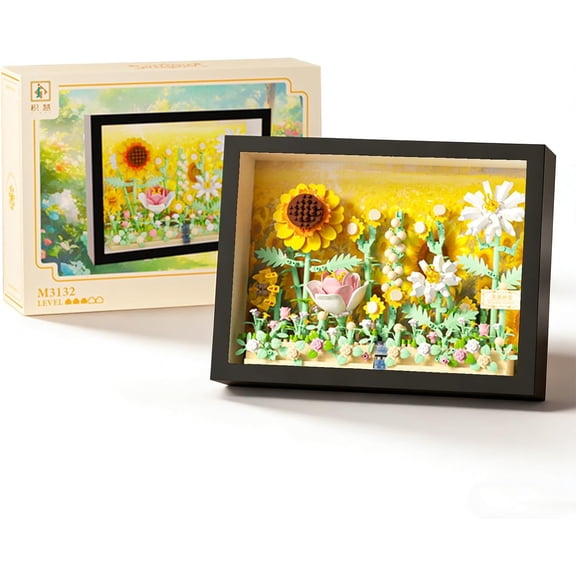 BrixVibe Mini Sunflower Picture Frame Building Set Compatible with Lego Botanical Easel Desk Decor Block for Adults 48pcs