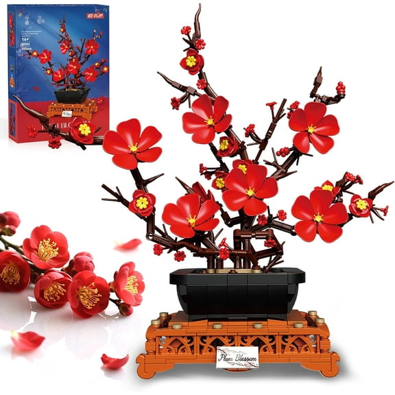 BrixVibe Red Plum Blossom Tree Flower Bouquet Building Set Bonsai Tree Compatible with Lego for Adults