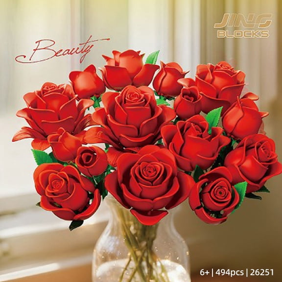 BrixVibe Rose Bouquet Building Set Compatible with Lego Flower Creative Collectible Model for Adults Woman 494pcs