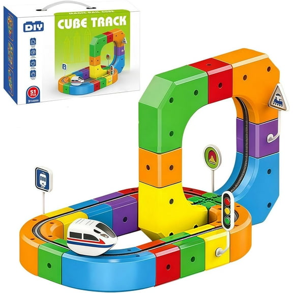 BrixVibe Track Fusion Toy Train Car Race Electric Set Cube Rail Cube Magnetic Monorail Flexible Smarttoon Kids (51Pcs)