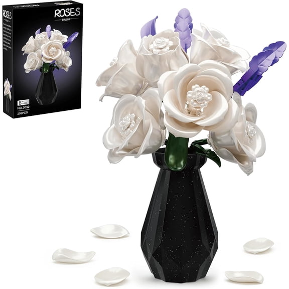 BrixVibe White Roses Bouquet Building Blocks Set Compatible With Lego Flower Artificial Botanicals with Vase Wedding Decorations for Adults Women 255pcs