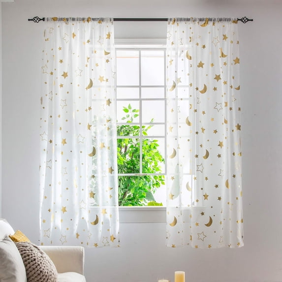 Brixlen Golden Star & Moon Sheer Tulle Curtain, 1×2m Rod Pocket Light Filtering Window Panel, Printed Voile Curtain for Bedroom Kids Room