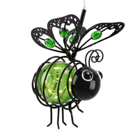 Brixlen Green Solar Wrought Iron Bee Hanging Light, Waterproof LED Garden Ornament Lamp, Solar Powered Hanging Decor for Yard Patio Porch Tree Outdoor Decorations