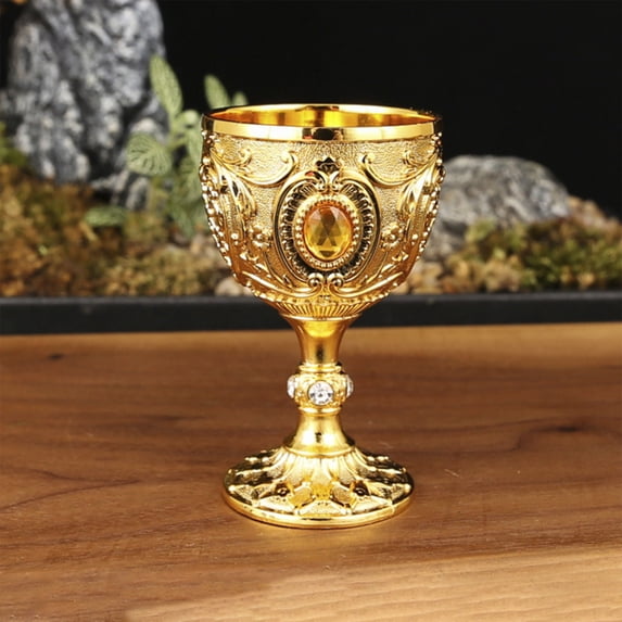 Brixlen Vintage Embossed Metal Goblet 30ML, European Decorative Small Wine Cup with Inlaid Gem, Retro Mini Goblet for Whiskey Liquor Home Table Decor Gold