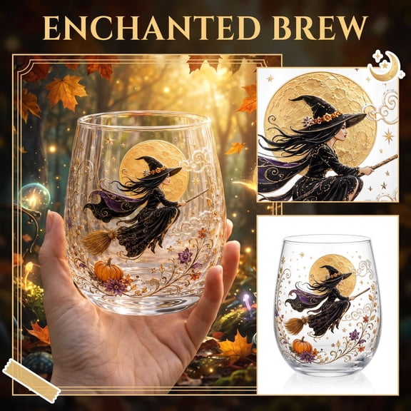 Brixlen Witch Themed Glass Tumbler, 2D Printed Halloween Glass Cup, Novelty Witch Art Drinking Mug, Clear Glass Cup for Coffee Tea Cold Beverage, Halloween Party Home Decor Gift