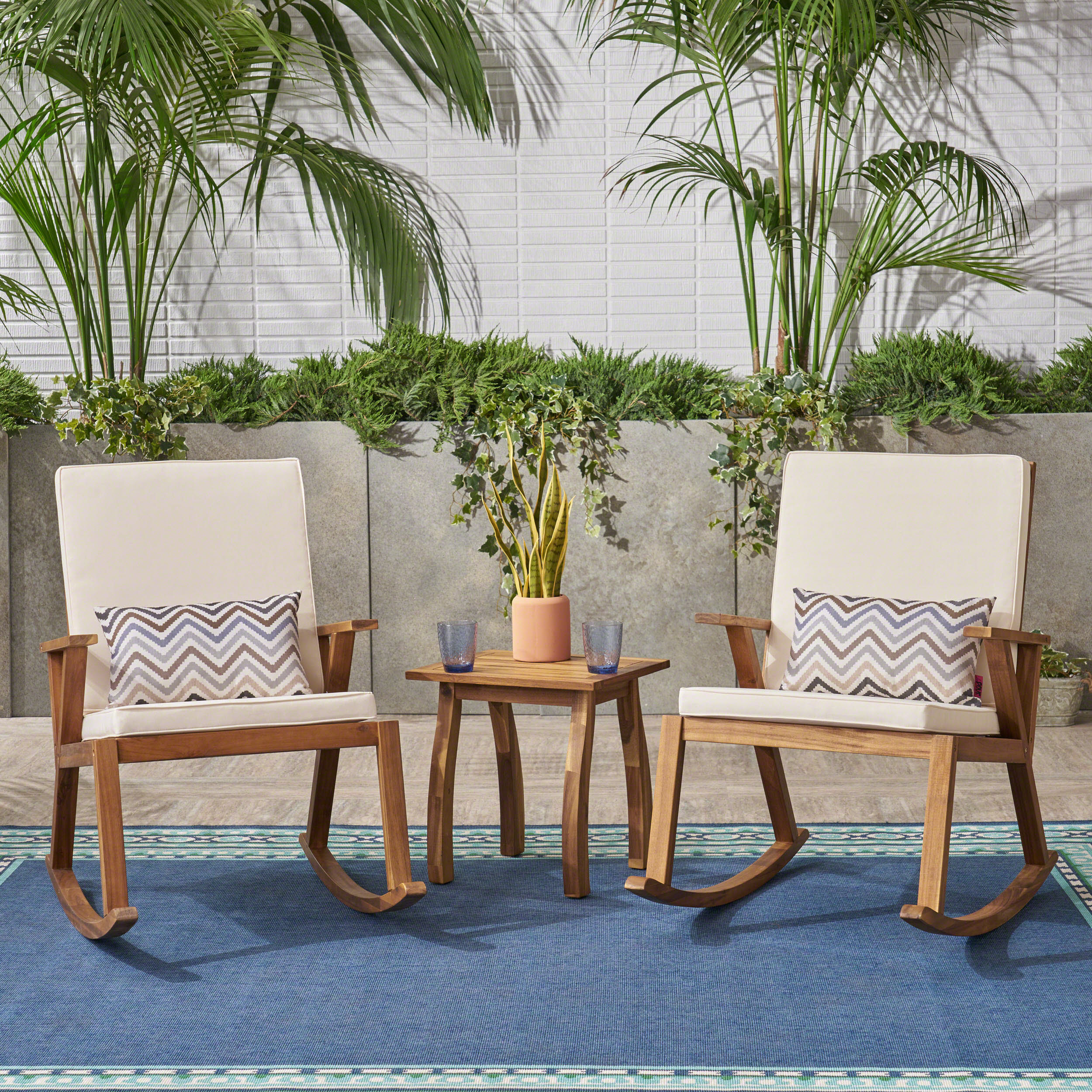 Brixton Outdoor Acacia Wood Rocking Chair Chat Set, Teak and Cream Cushions - image 1 of 8