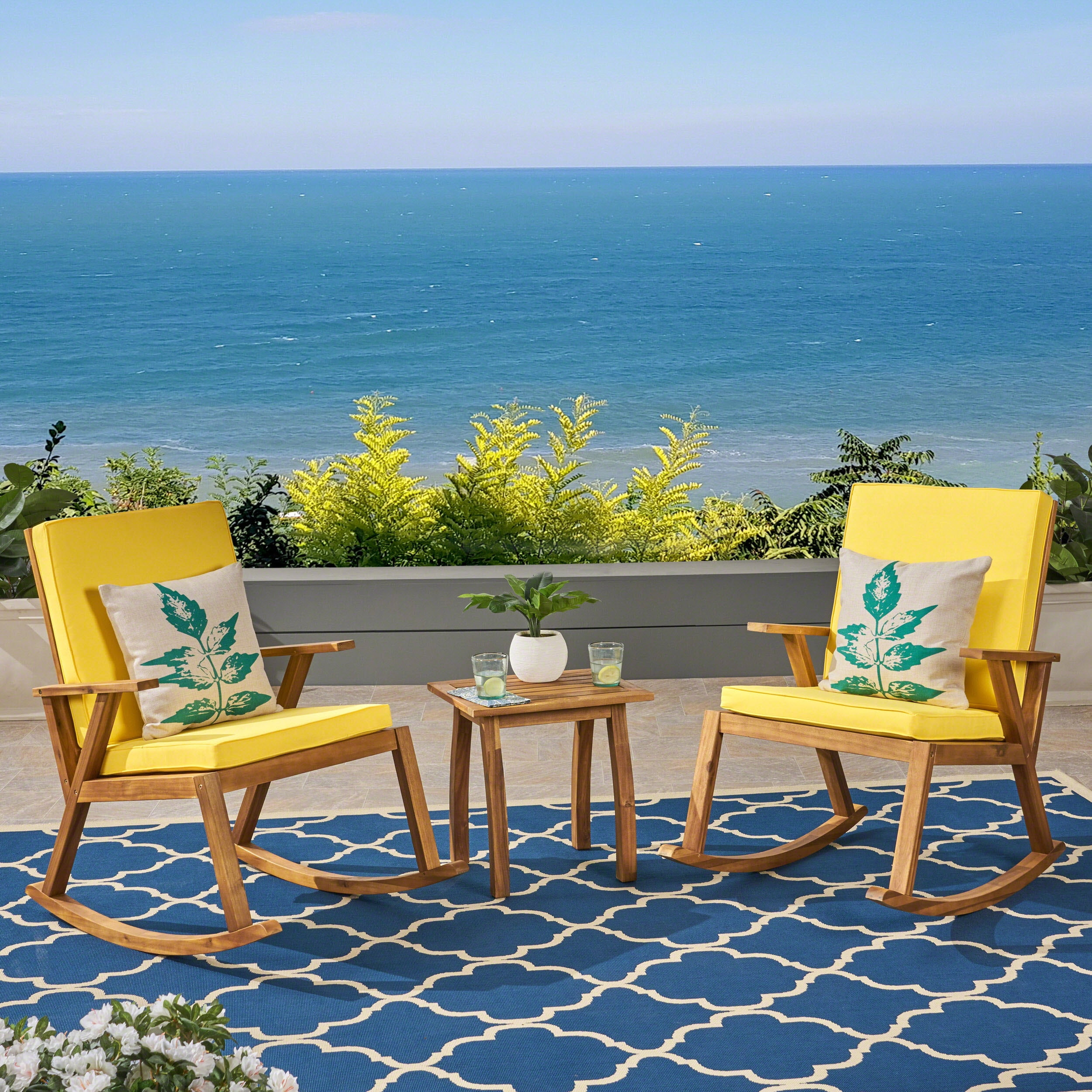 Brixton Outdoor Acacia Wood Rocking Chair Chat Set, Teak and Yellow ...