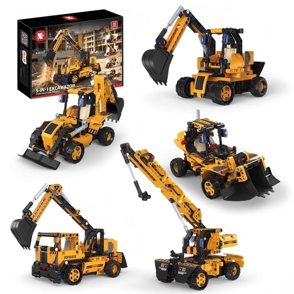 Brixzonecho 5-in-1 Excavator Construction Vehicle Building Set Compatible with Lego Engineering Model Creative Collectible for Hobbyists