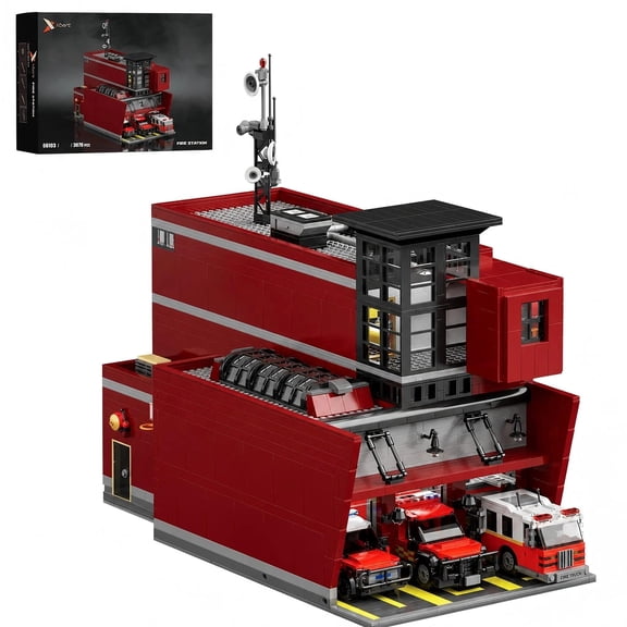 Brixzonecho Fire Station Building Set Compatible with Leg DIY City Architecture Assembly Model Home Office Decor for Adults