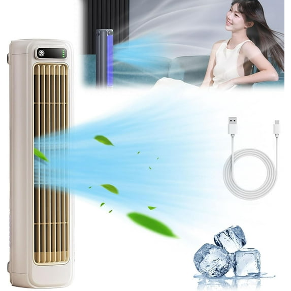 Brizac Portable Air Cooler Fan - 3 Speed, 2000mAh Battery, Slim Tower For Desk & Bedroom (Gray)