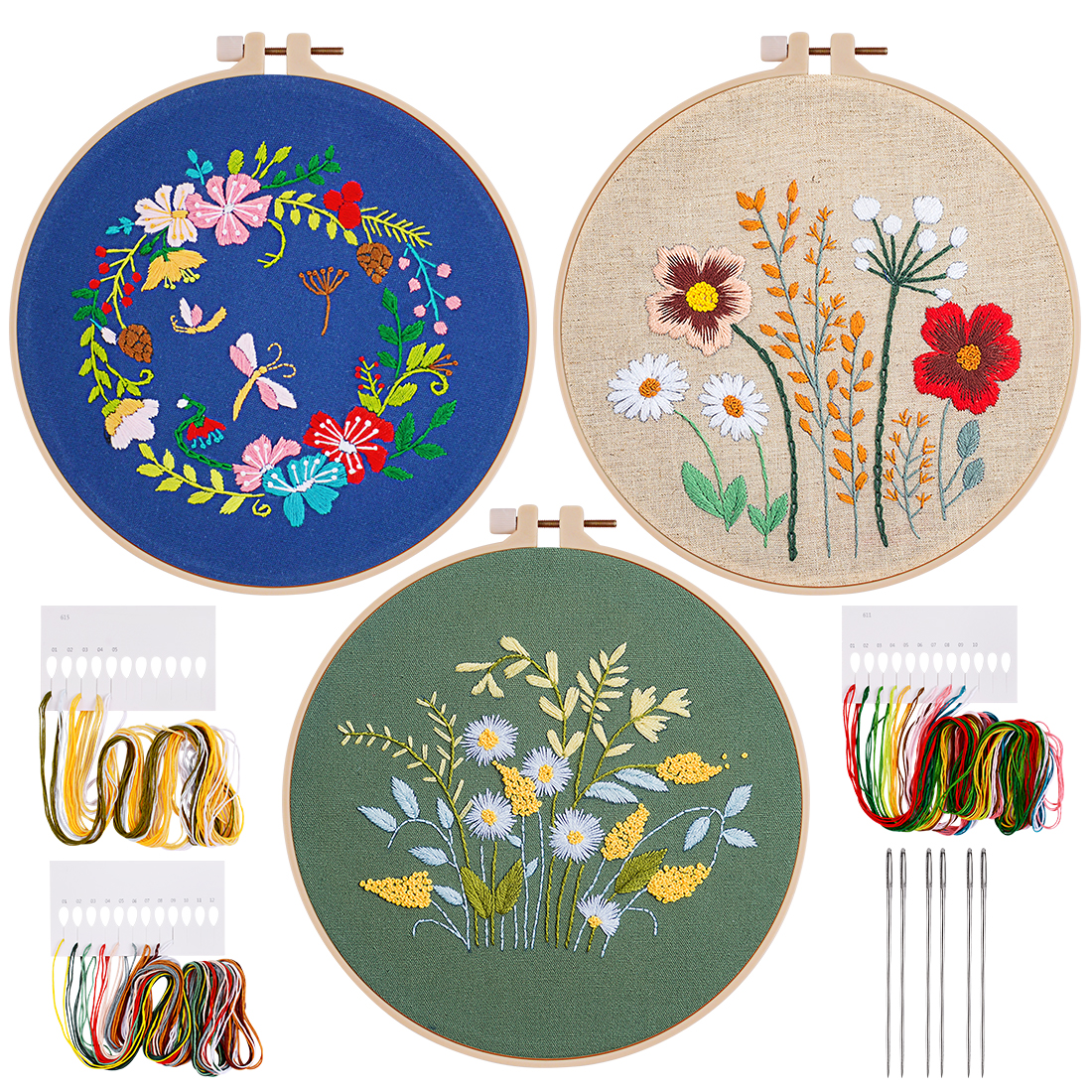 Brizi Living 3 Sets Flower Pattern Embroidery Starter Kit for Beginners,Stamped Cross Stitch Kits for Beginners Adults Include Embroidery Fabric