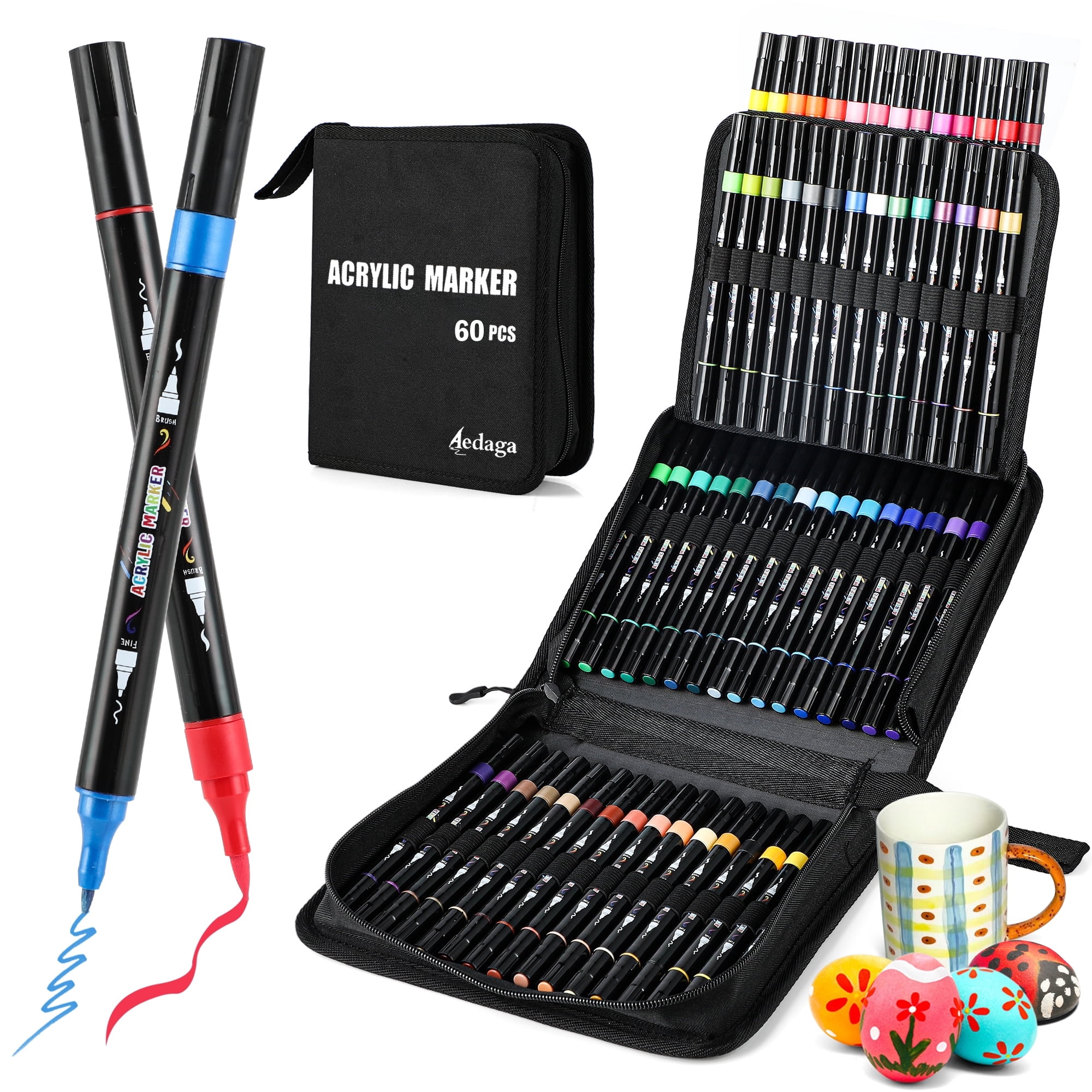 Brled 60 Colors Acrylic Paint Markers, Dual Tip Acrylic Paint Pens with Brush Tip and Fine Tip for for Adults, Kids, Eggs, Wood, Rock, Canvas, Plastic, Stone, Glass, Ceramic