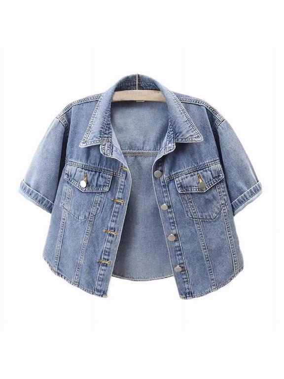 2023 Cropped Jean Jackets for Women Fashion Short Sleeve Denim Shacket Jacket Lightweight Stretchy Crop Top with Pockets