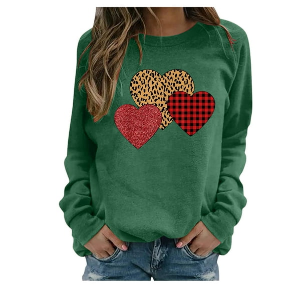 Brnmxoke 2024 Valentine's Day Sweatshirt Women Leopard Love Heart Plaid Graphic Round Neck Long Sleeve Shirt Blouse Loose Casual Valentines Gifts Pullover Tops