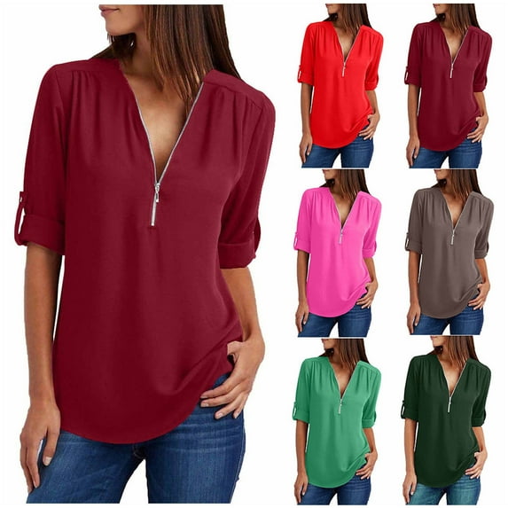Brnmxoke 2025 Womens Tops Spring Summer Shirt Tunics Cuffed Sleeve Casual T-Shirts Chiffon Blouses Half Zipped V Neck Plus Size T Shirts Red,XXXL