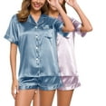 thumbnail image 1 of Brnmxoke 2Pcs Womens Silk Satin Pajamas Set Short Sleeve Sleepwear Solid Color Button Down Loungewear 2 Piece Pjs Shorts Set Sky Blue,S, 1 of 4