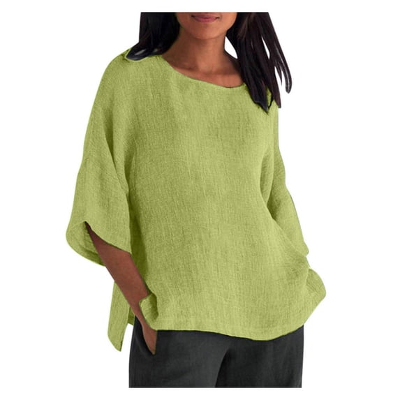 Brnmxoke 3/4 Length Sleeve Womens Tops 2024 Linen Shirts Casual Crewneck Summer Blouses Side Slit Loose Fit Plus Size Tshirts Mint Green,XXXXXL