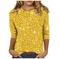 thumbnail image 1 of Brnmxoke 3/4 Length Sleeve Womens Tops Casual Sparkly Glitter Print Shirt Loose Crewneck Sequin Tops Fashion Summer Holiday Shirts Yellow,L, 1 of 5