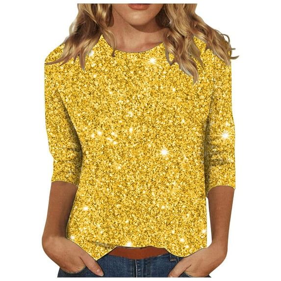 Brnmxoke 3/4 Length Sleeve Womens Tops Casual Sparkly Glitter Print Shirt Loose Crewneck Sequin Tops Fashion Summer Holiday Shirts Yellow,XXL