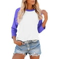 thumbnail image 1 of Brnmxoke 3/4 Length Sleeve Womens Tops Raglan Color Block Tshirts Round Neck Tunic Basic Tees Blouse Loose Fit Pullover Purple S, 1 of 7