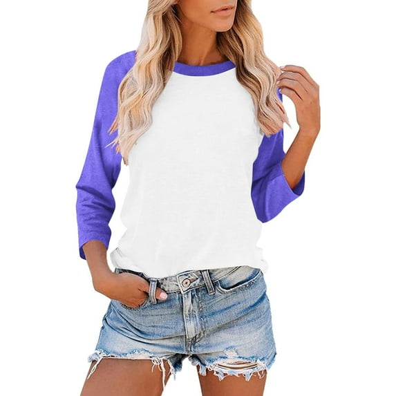 Brnmxoke 3/4 Length Sleeve Womens Tops Raglan Color Block Tshirts Round Neck Tunic Basic Tees Blouse Loose Fit Pullover Purple XXL
