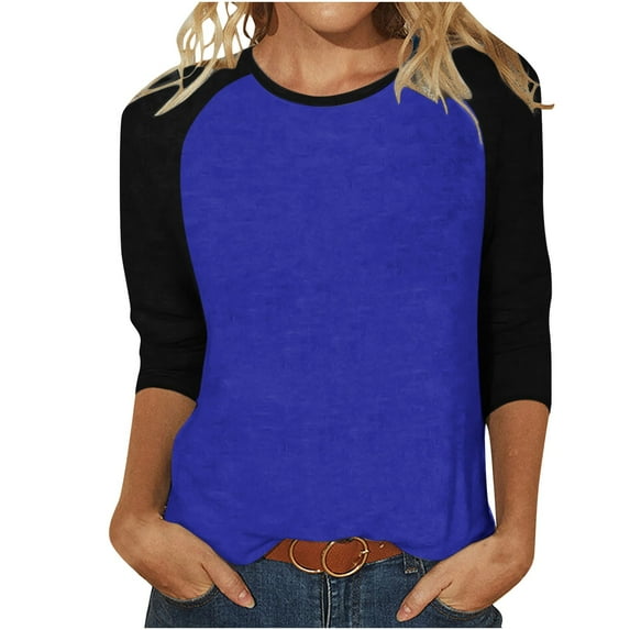 Brnmxoke 3/4 Length Sleeve Womens Tops Trendy Casual Patchwork Color Block Shirts Crew Neck Blouses Loose Fit Tshirts 2025 Blue XL