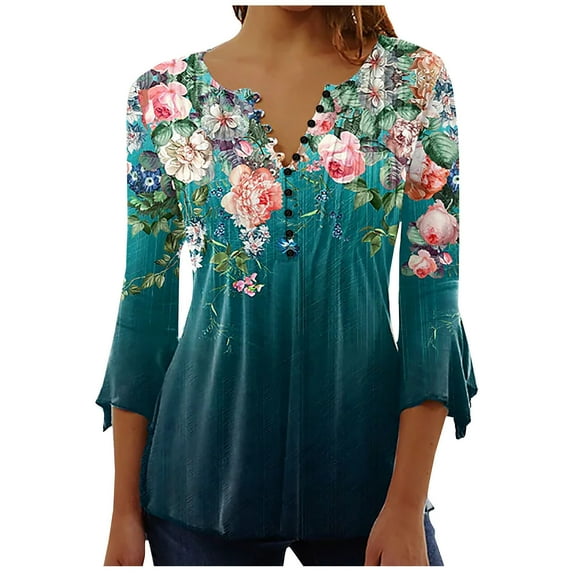 Brnmxoke 3/4 Length Sleeve Womens Vintage Tops Summer Floral Printed Tunic Shirts Dressy Casual Button V Neck Blouses Cute Boho Tshirt Green,S