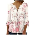 thumbnail image 1 of Brnmxoke 3/4 Length Sleeve Womens Vintage Tops Summer Floral Printed Tunic Shirts Dressy Casual Button V Neck Blouses Cute Boho Tshirt Pink,S, 1 of 5