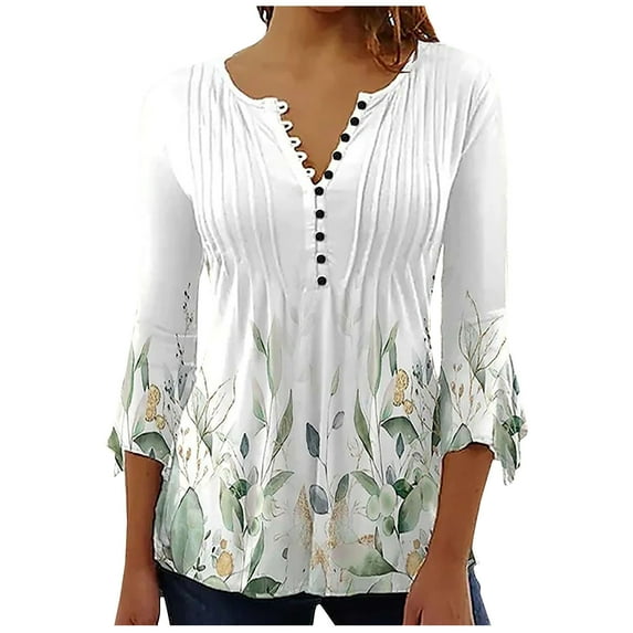 Brnmxoke 3/4 Length Sleeve Womens Vintage Tops Summer Floral Printed Tunic Shirts Dressy Casual Button V Neck Blouses Cute Boho Tshirt White,S
