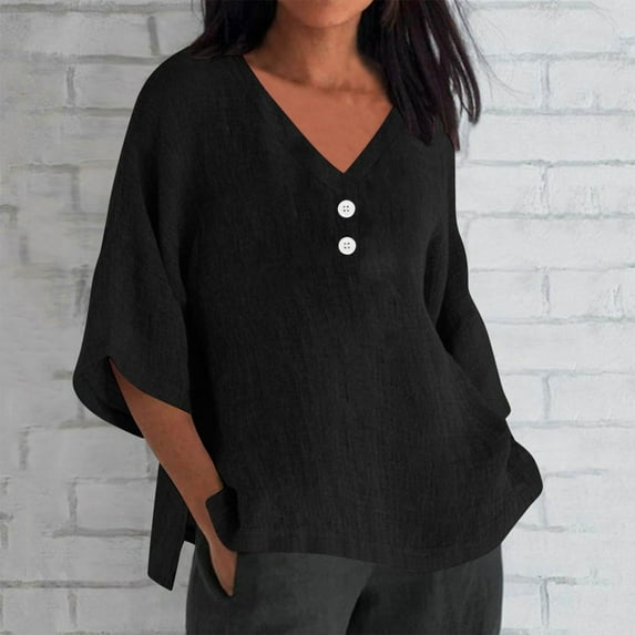 Brnmxoke 3/4 Sleeve Linen Tops for Women Loose Fit Summer Casual Plus Size,V-Neck Three Quarter Sleeve Solid Color Tops Shirt Women Blouse 2024 Trendy Curved Hem Linen Blend Top