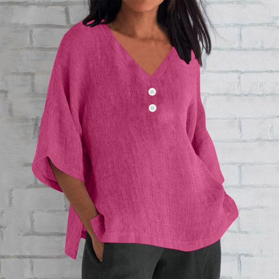 Brnmxoke 3/4 Sleeve Linen Tops for Women Loose Fit Summer Casual Plus Size,V-Neck Three Quarter Sleeve Solid Color Tops Shirt Women Blouse 2024 Trendy Curved Hem Linen Blend Top