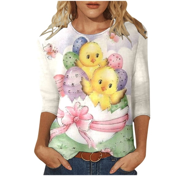 Brnmxoke 3/4 Sleeve Shirt for Women 2024 Happy Easter Day Cute Graphic Tees Loose Summer Casual Three Quarter Sleeve T Shirt Plus Size Holiday Blouse