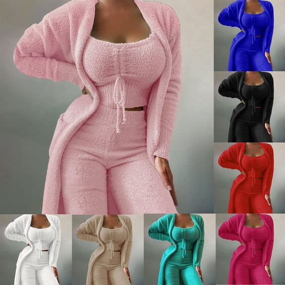 Brnmxoke 3 Piece Cozy Outfit for Women Soft Fuzzy Open Front Cardigan and Crop Tank Top Long Pants Pajamas Fleece Loungewear Set Red,XL