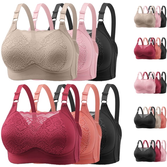 Brnmxoke 3PC Minimizer Bra for Women - Plus Size Lace Bra Womans Full Coverage Bras Breathable Comfort Unlined No Underwire Bra Orange,XL