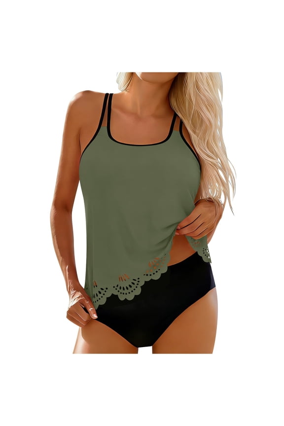 Tankini Swimsuits for Women Blouson Tankinis Tummy Control Two Piece Bathing Suit Back Crossing Modest Cut Out Beach Swimwear Outfits Green,L