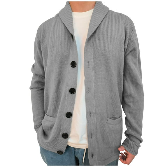 Brnmxoke Big And Tall Mens Cardigan - Shawl Collar Button Down Knitted Cardigans Long Sleeve Open Front Coat with Pockets Gray,XL