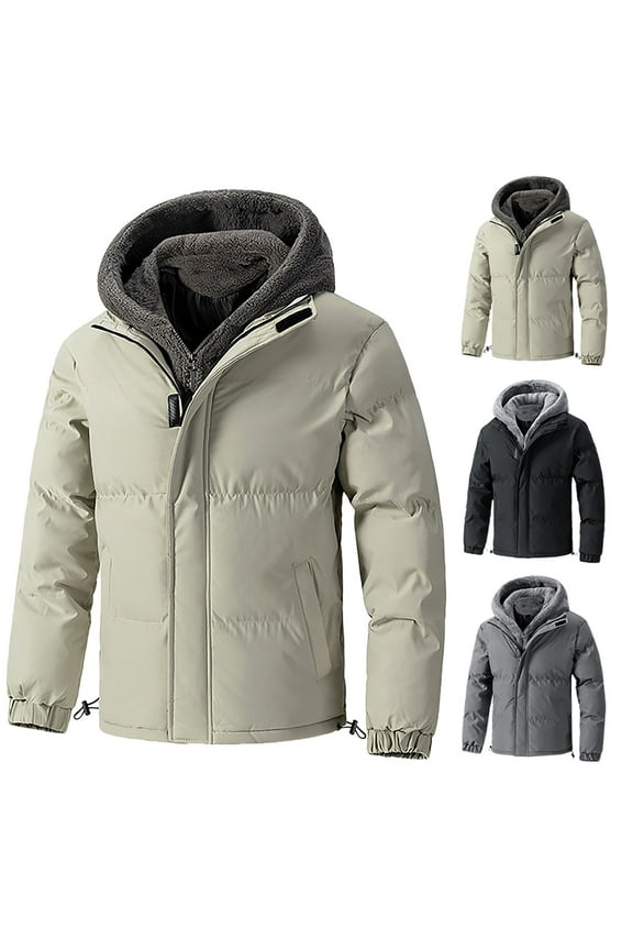 Big and Tall Mens Winter Coat Fuffly Fleece Lined Puffer Jacket Windproof Insulated Padded Jackets Thickened Puffy Warm Down Windbreaker Parka with Hood Black,L