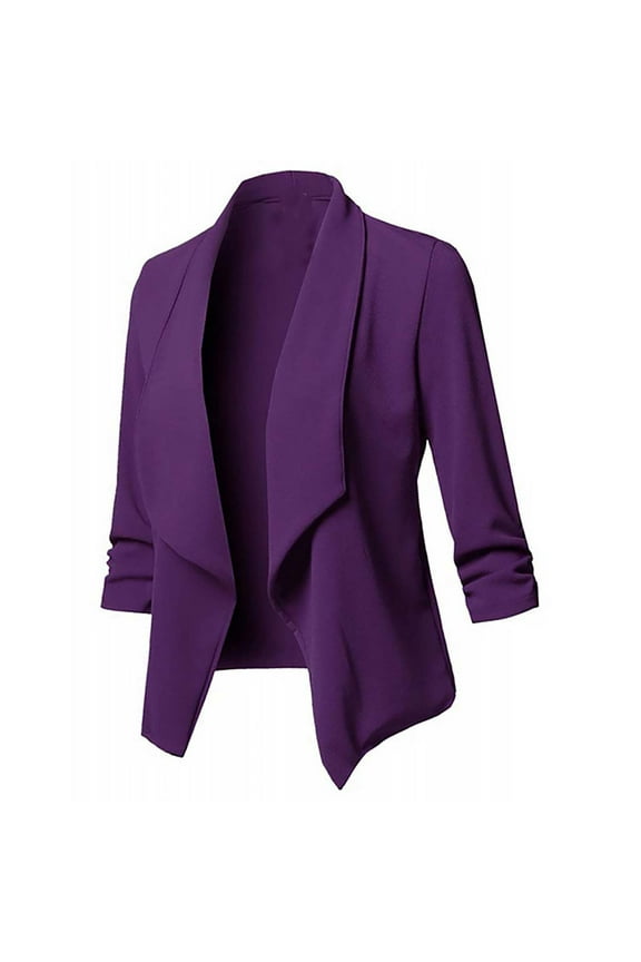 Blazer Coats for Women Ruched 3/4 Sleeve Open Front Draped Blazers Business Casual Plus Size Basic Work Jackets Purple,XXXL
