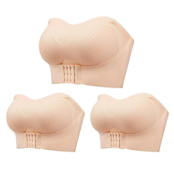 Brnmxoke Bras Older Women Breathable Non-Slip Strapless Bandeau Front Buckle Push-Up Bra Wireless No Underwire Pack of 3 Beige,L