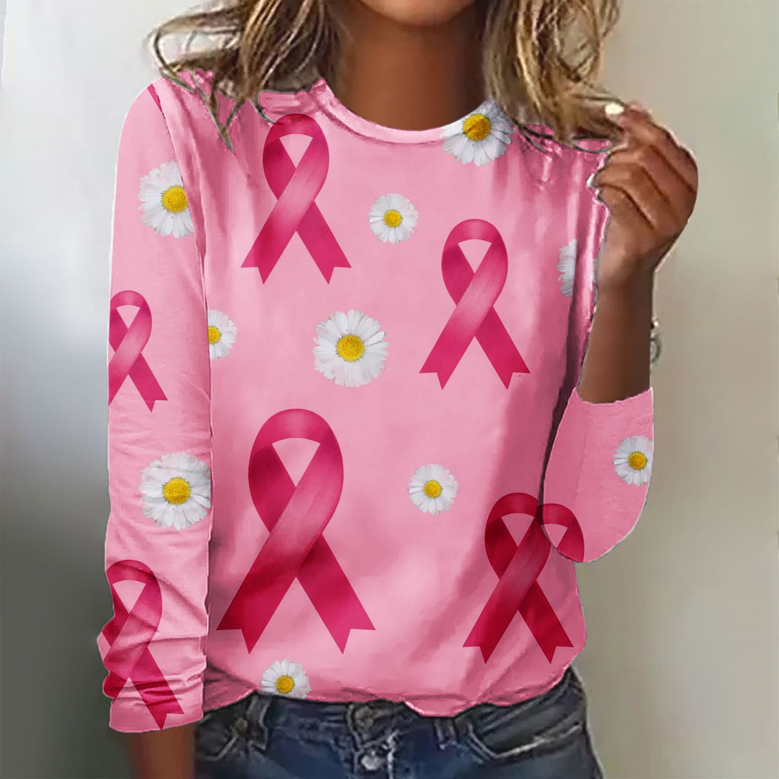 Brnmxoke Breast Cancer Survivor Gifts for Women Pink Ribbon Print Hope  Breast Cancer Awareness Casual Loose Long Sleeve Shirt Women Sweatshirts  Pullover 