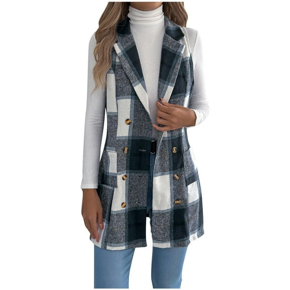 Brnmxoke Button Vest Top Women Flannel Plaid Lapel Neck Sleeveless Shacket Vests Winter Fleece Pockets Outerwear Waistcoat Navy,S